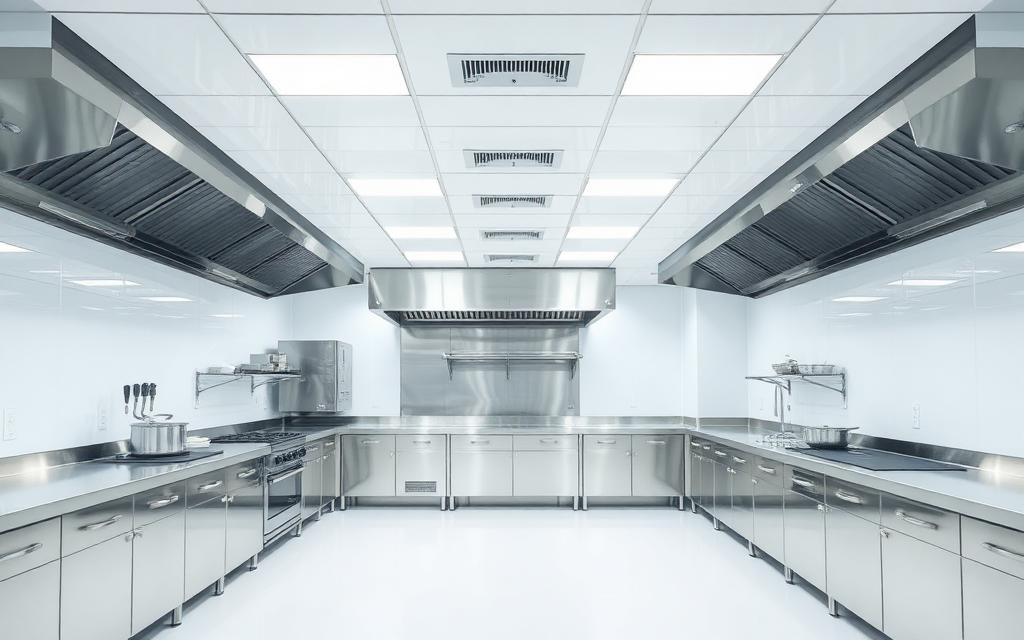 Clean stainless steel commercial kitchen built to FSSAI hygiene standards