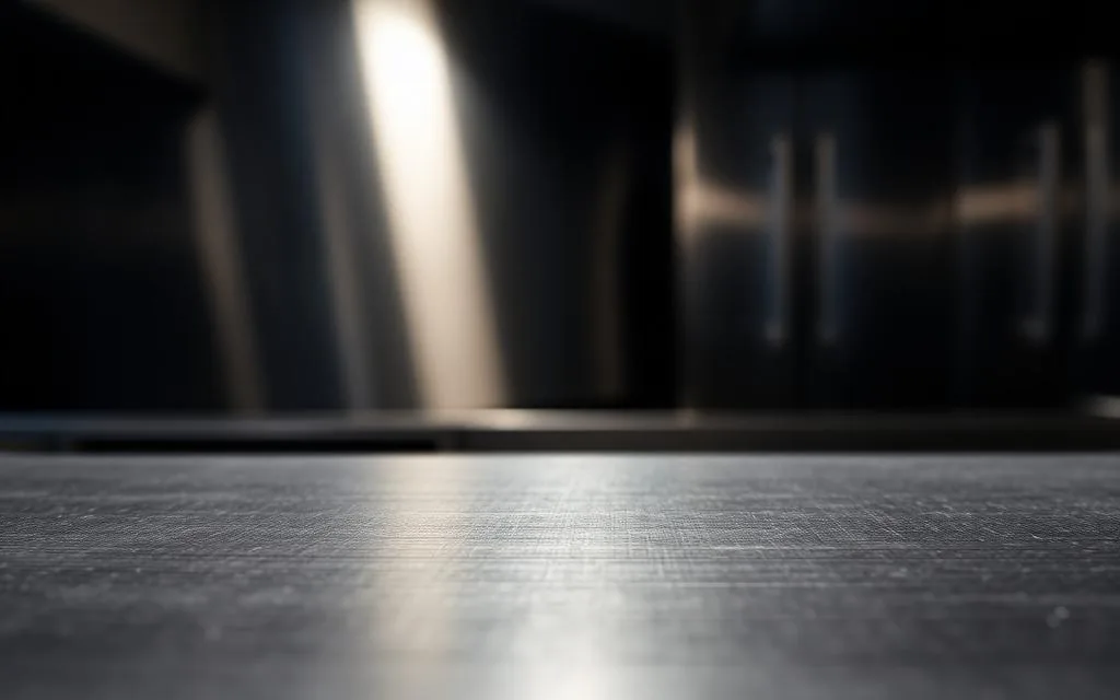 Brushed grade 304 stainless steel surface under directional light in a commercial kitchen