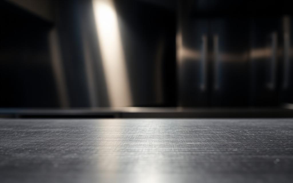 Brushed grade 304 stainless steel surface under directional light in a commercial kitchen