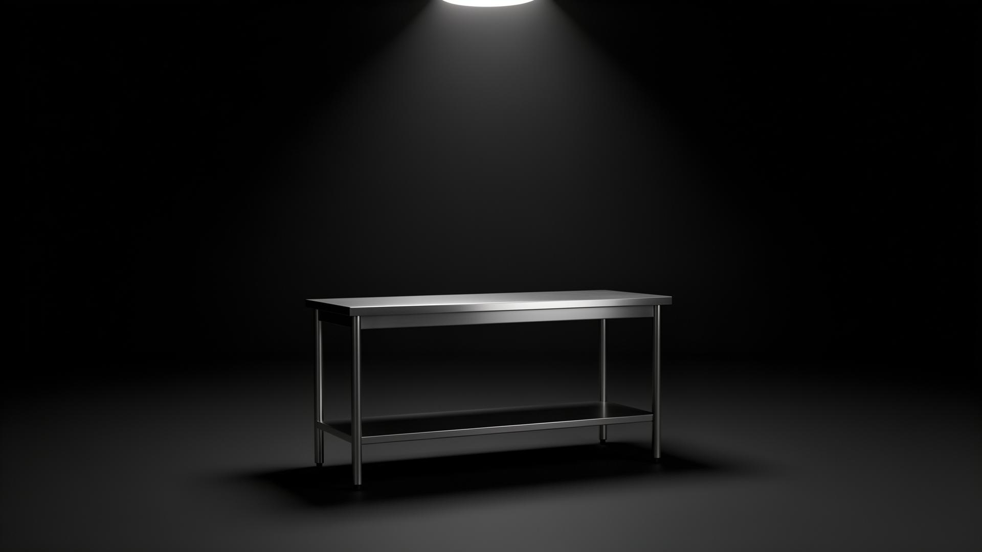 Minimal 3D render of a single stainless steel work table lit by one overhead light in a dark room