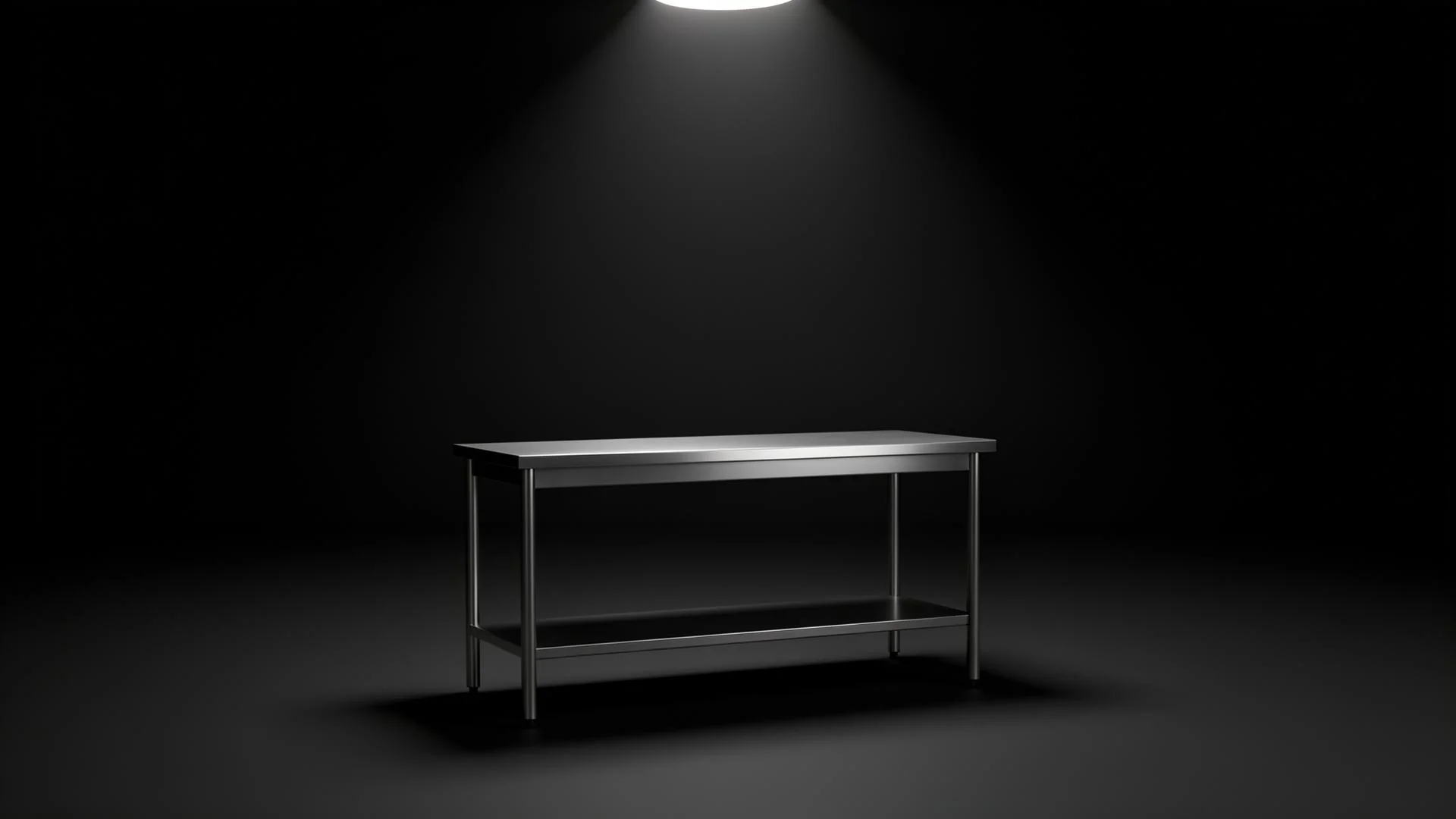 Minimal 3D render of a single stainless steel work table lit by one overhead light in a dark room