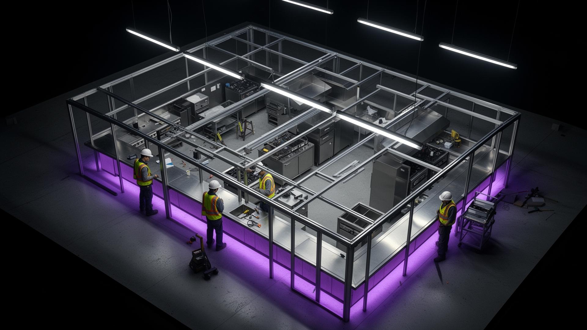 Top-down 3D view of a commercial kitchen under construction with steel frames and engineers