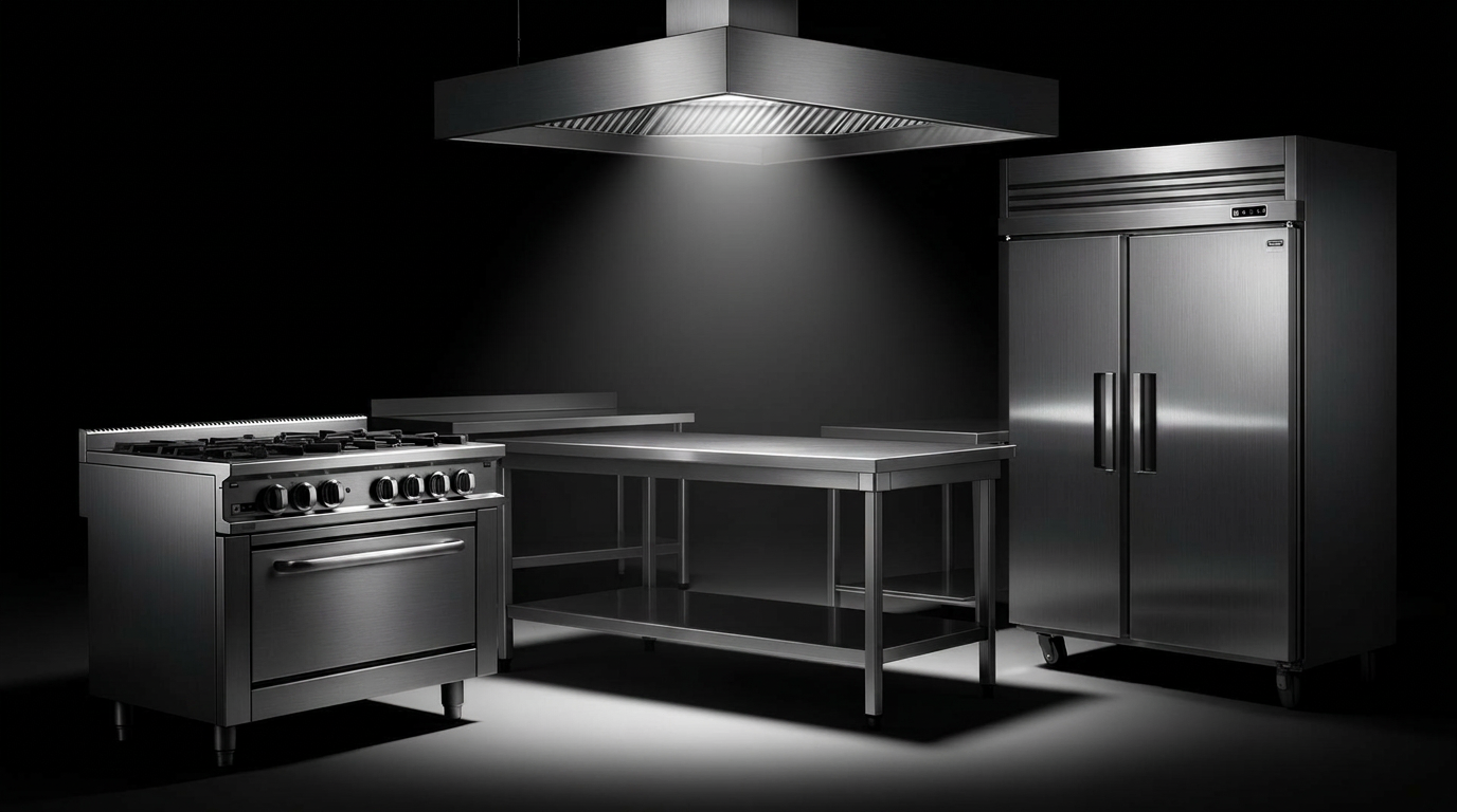 Steelkraft commercial kitchen equipment in a dark studio