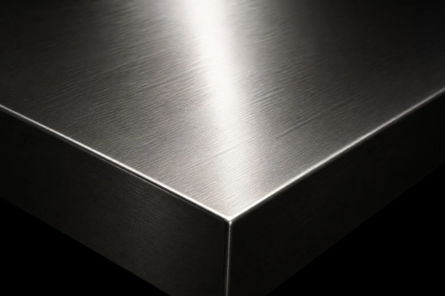 Close view of a polished stainless steel commercial kitchen surface with a soft overhead light