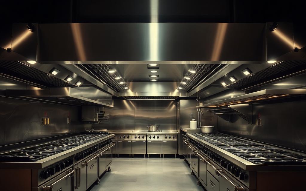 Large stainless steel hotel kitchen cooking line with multiple ranges under an exhaust hood
