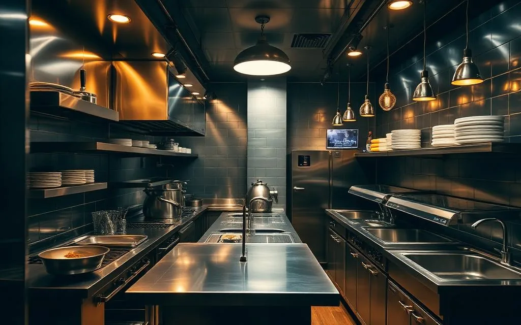 Upscale restaurant kitchen in Indiranagar with compact high-end stainless steel equipment