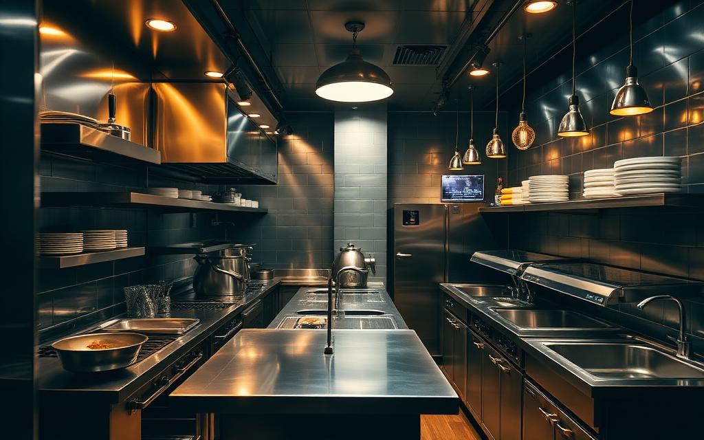 Upscale restaurant kitchen in Indiranagar with compact high-end stainless steel equipment