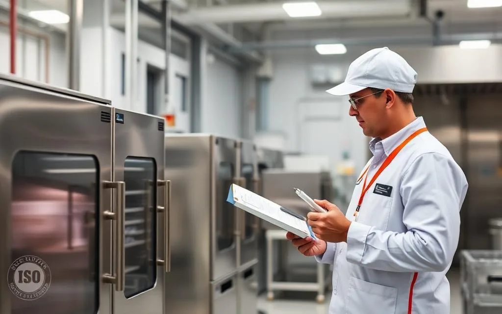 Quality inspection of stainless steel kitchen equipment at an ISO certified manufacturing unit