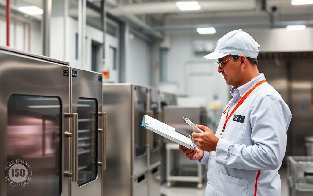 Quality inspection of stainless steel kitchen equipment at an ISO certified manufacturing unit