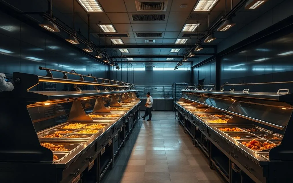Large IT park canteen kitchen with bulk cooking equipment serving a corporate campus