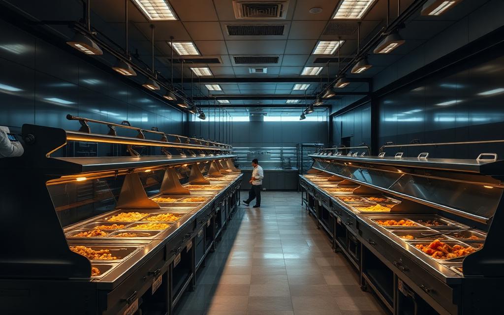 Large IT park canteen kitchen with bulk cooking equipment serving a corporate campus