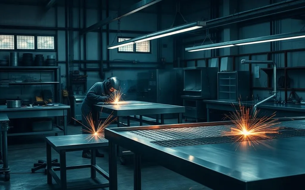 Stainless steel fabrication in progress at a commercial kitchen equipment manufacturing unit in Bangalore