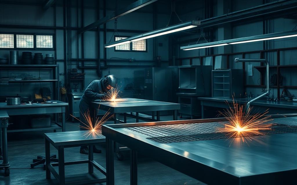 Stainless steel fabrication in progress at a commercial kitchen equipment manufacturing unit in Bangalore