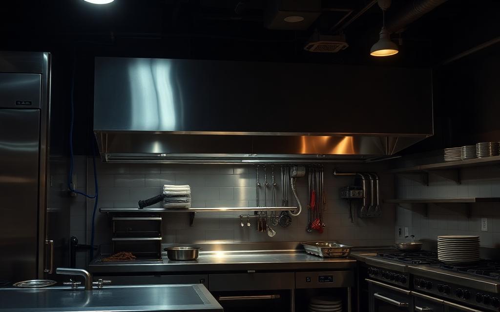 Commercial kitchen being installed in a Mumbai restaurant with stainless steel equipment