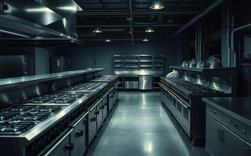 Stainless steel commercial kitchen equipment lined up on a factory floor before dispatch