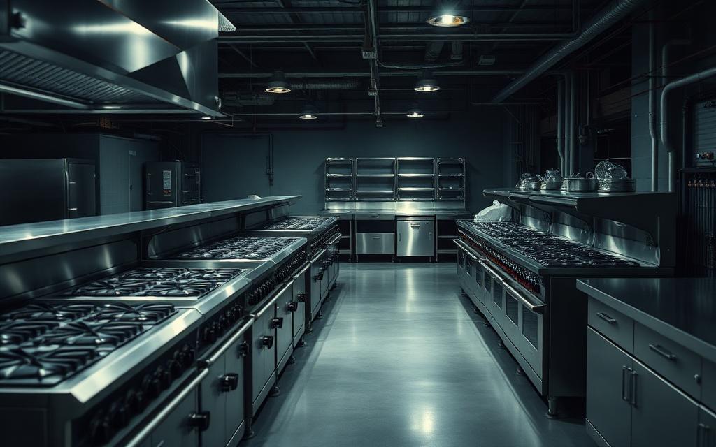 Stainless steel commercial kitchen equipment lined up on a factory floor before dispatch