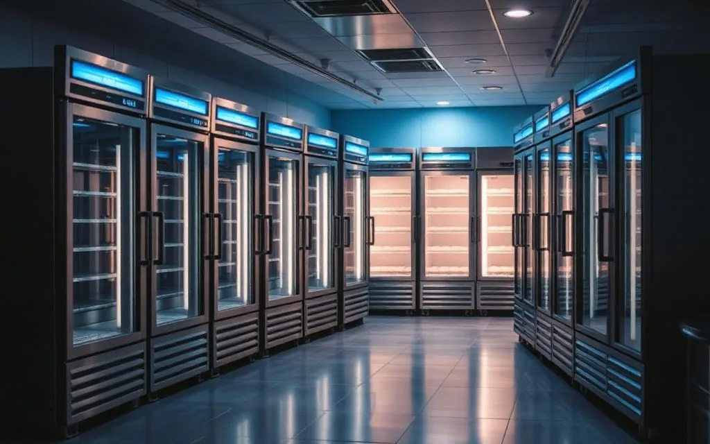 Stainless steel commercial refrigeration units and display chillers in a professional kitchen