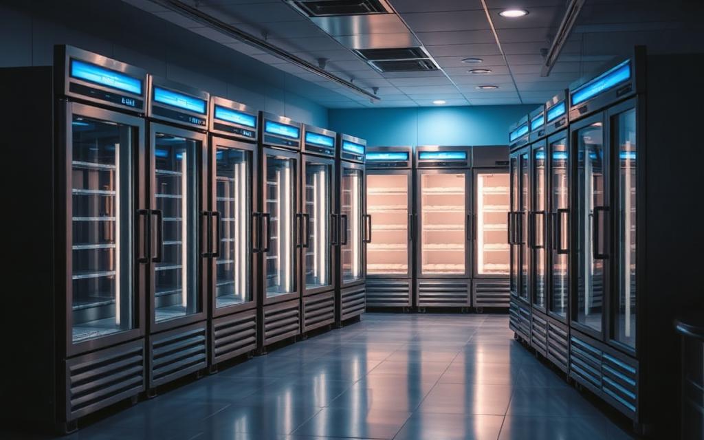 Stainless steel commercial refrigeration units and display chillers in a professional kitchen