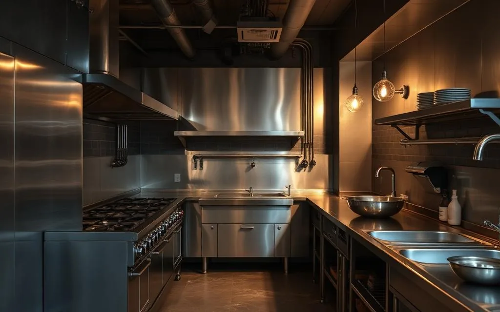 Compact restaurant kitchen under construction in Bangalore with stainless steel equipment being installed