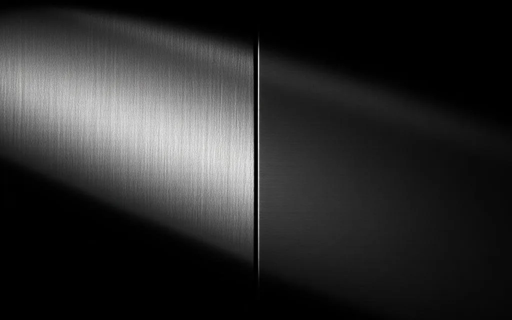 Close up comparison of two brushed stainless steel panels under directional light