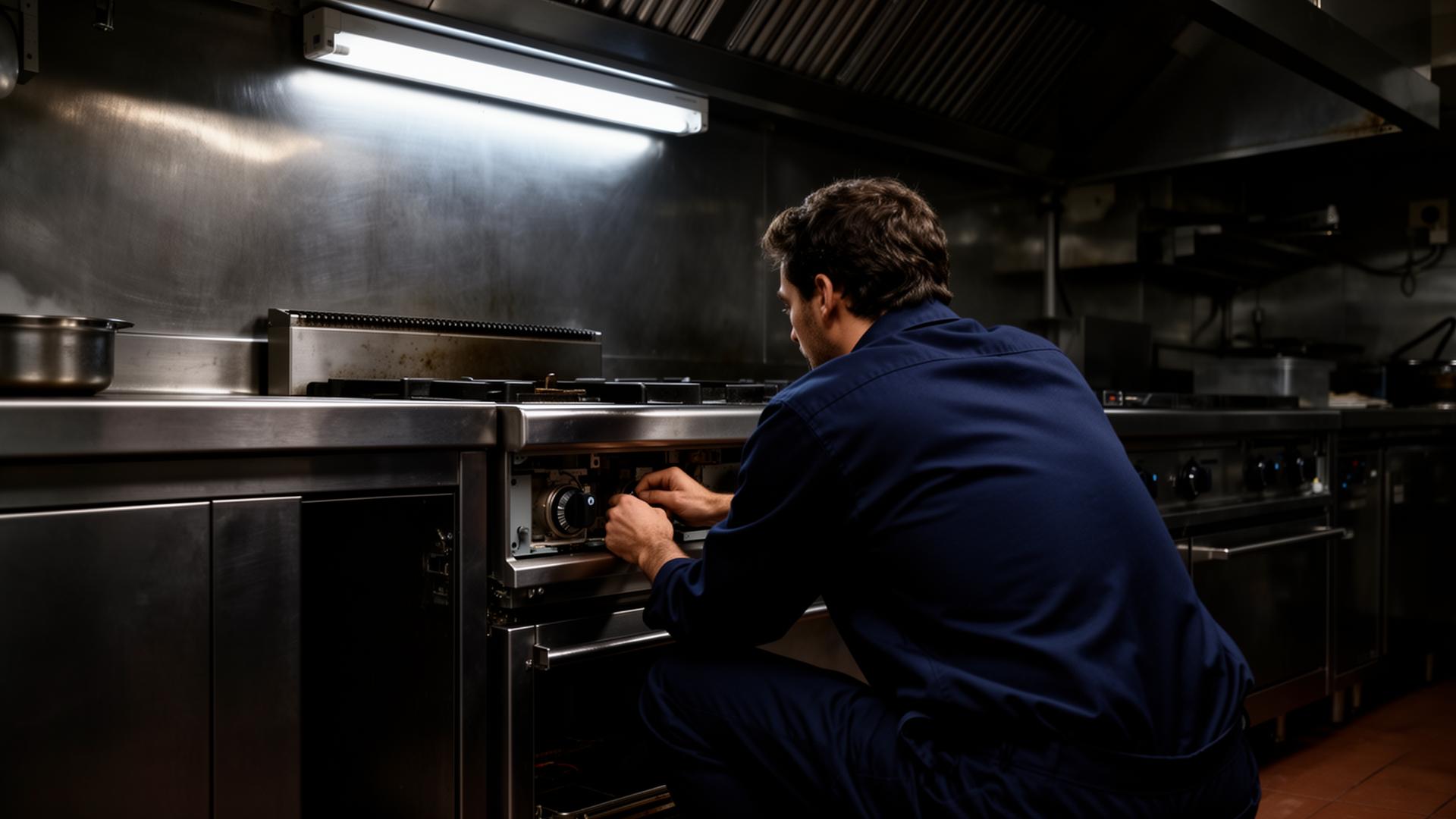 Technician in a dark navy uniform crouching behind a stainless steel cooking range, servicing the lower section under a single overhead fluorescent light in a dark commercial kitchen