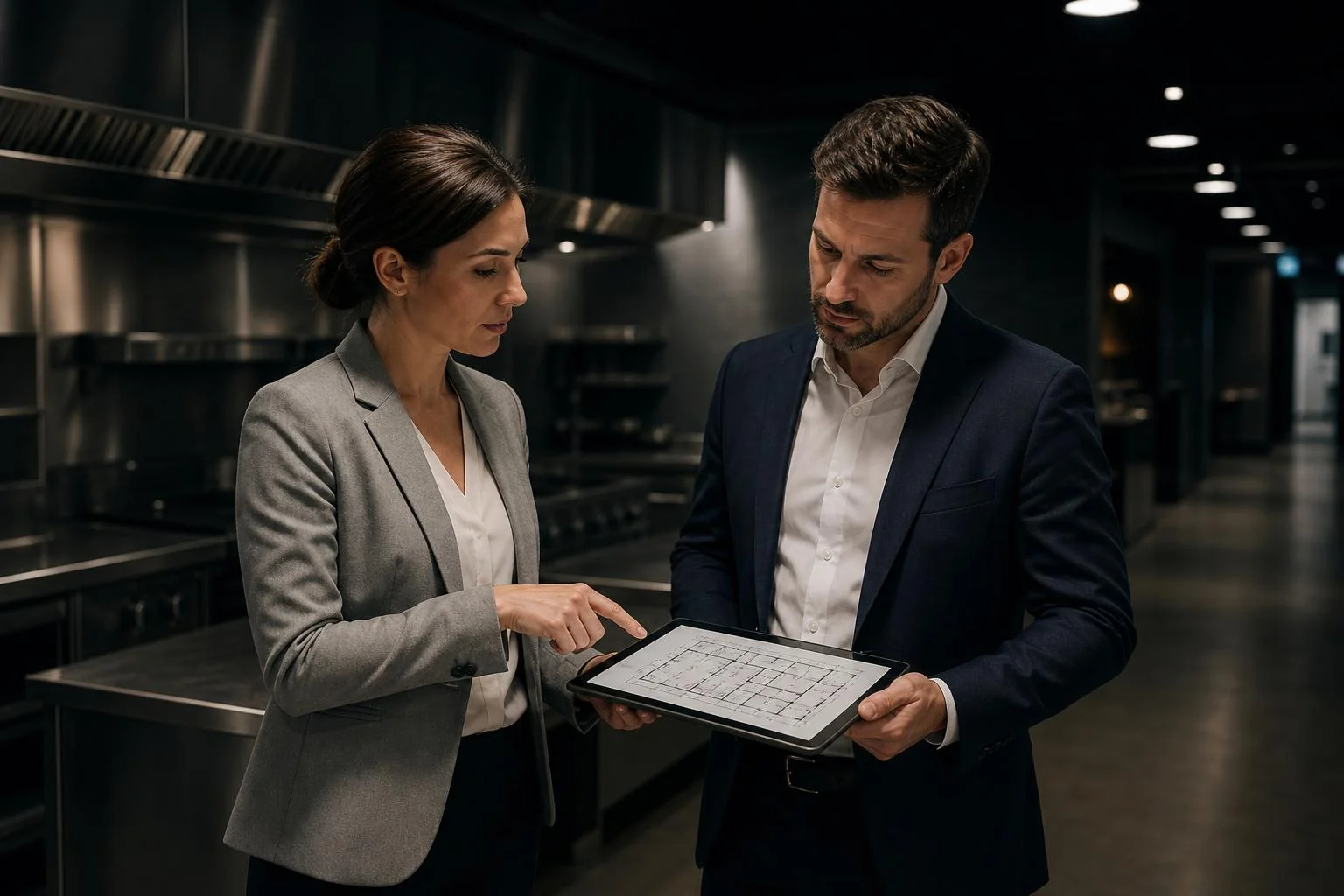 Two engineers studying blueprints in an empty room