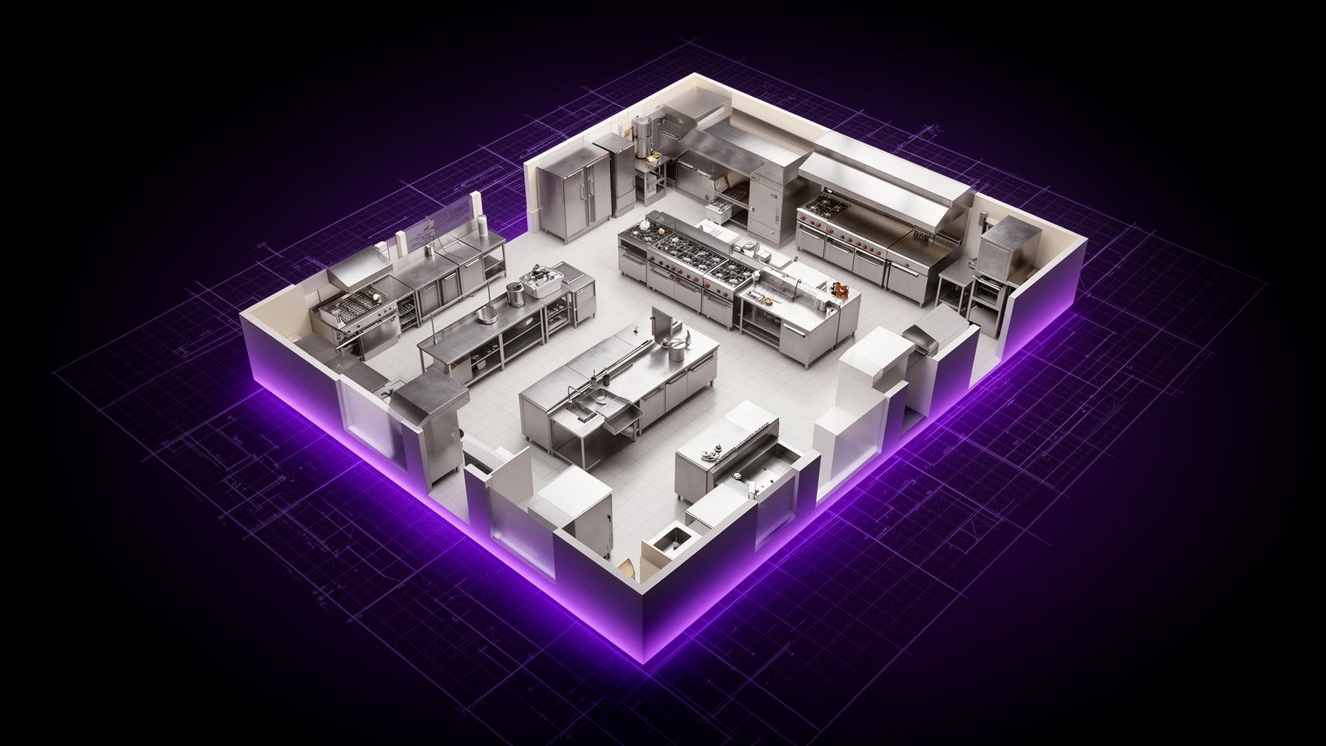 3D commercial kitchen layout model over a blueprint grid