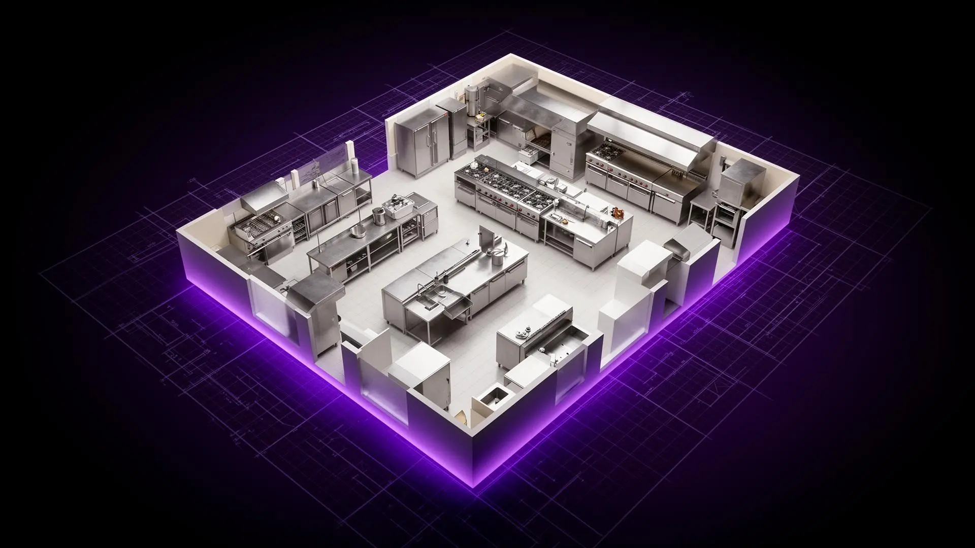 3D commercial kitchen layout model over a blueprint grid