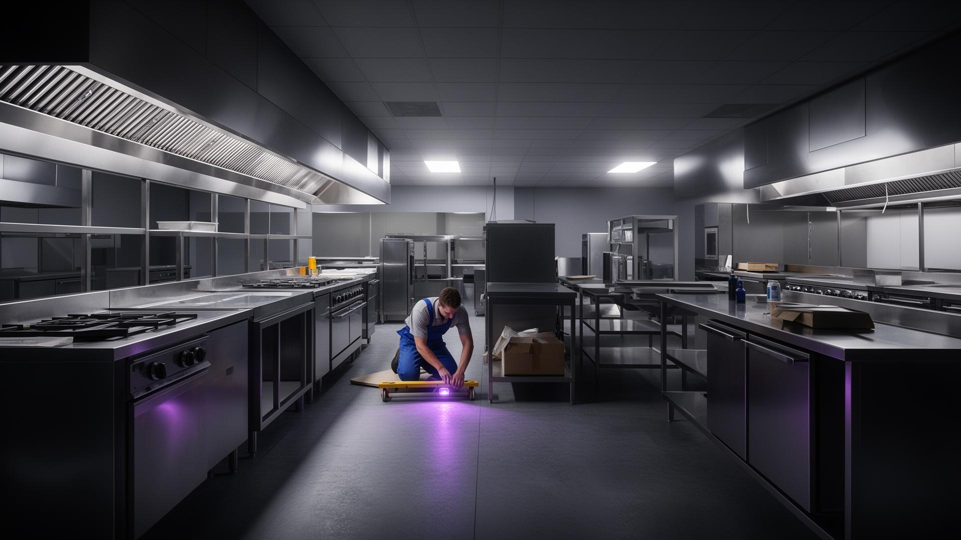 Installer placing and levelling equipment in a new kitchen
