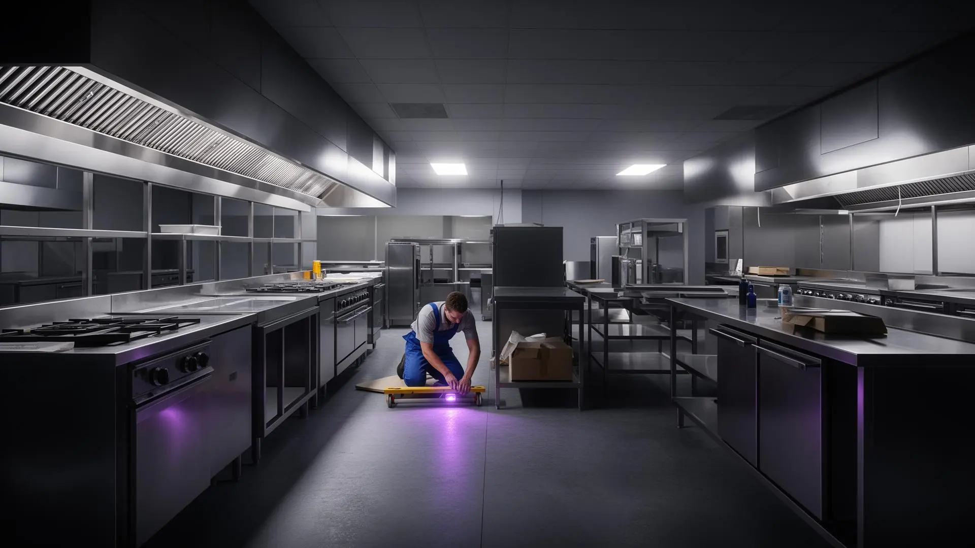 Installer placing and levelling equipment in a new kitchen