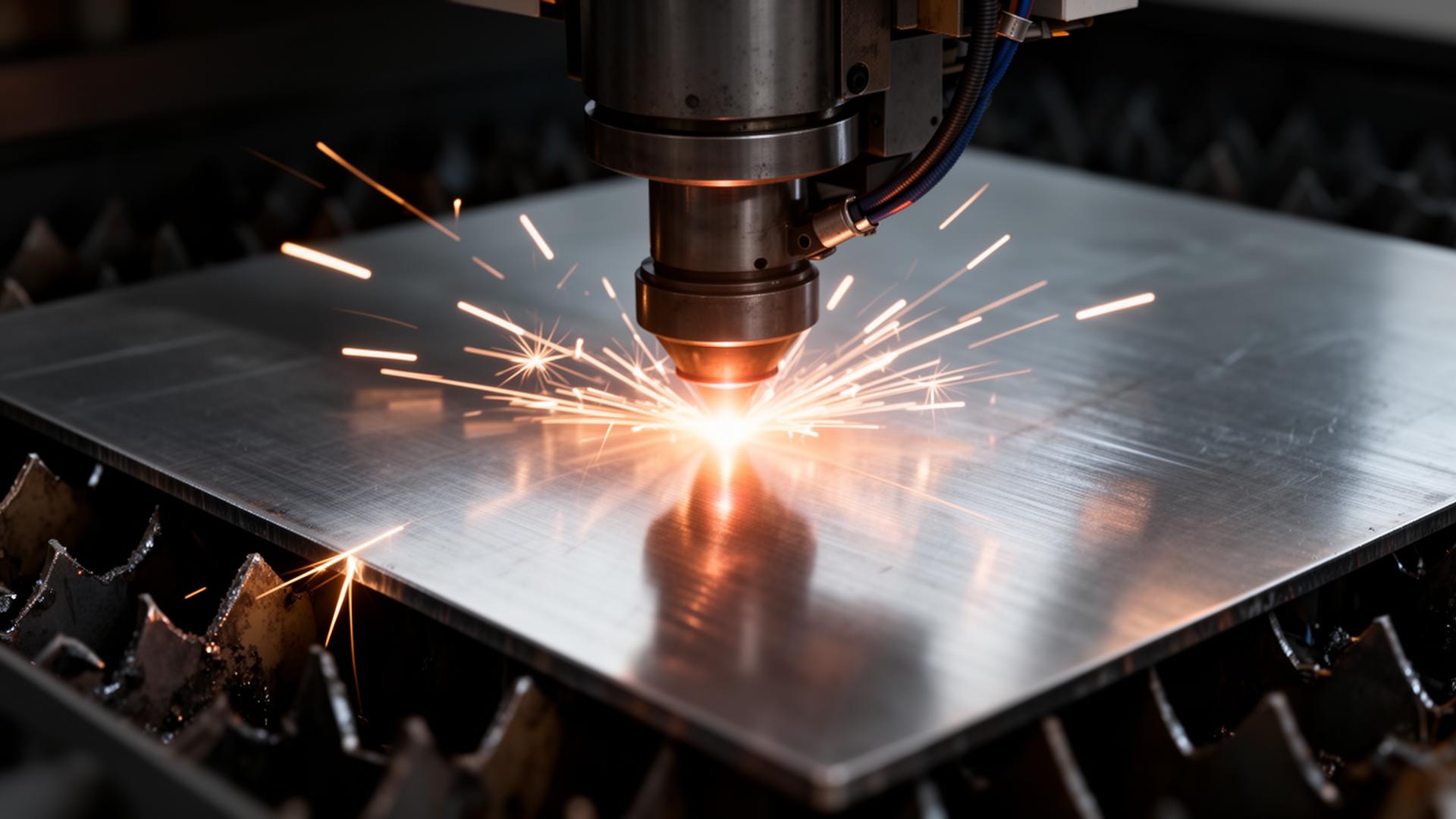 CNC laser precision cutting a stainless steel sheet with sparks