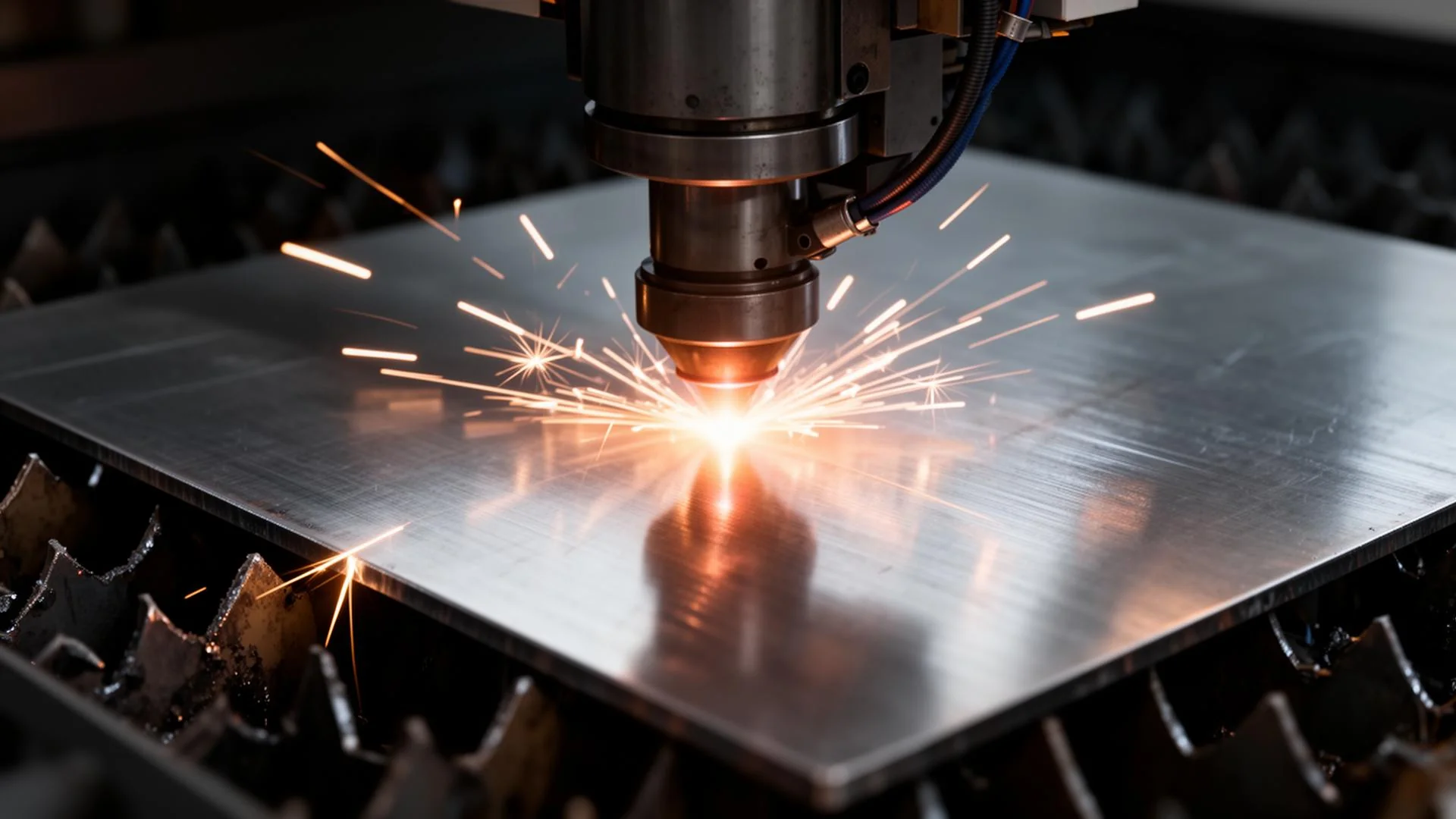 CNC laser precision cutting a stainless steel sheet with sparks